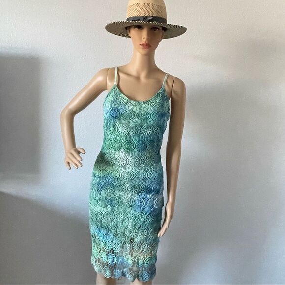 Jack. Tie Dyed Crochet Mini Dress Blue Green White Size 4 - Picture 2 of 14